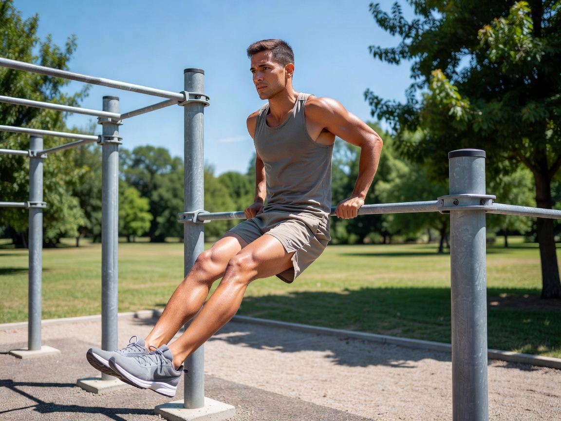 An adult practising a supported bodyweight movement on outdoor exercise bars